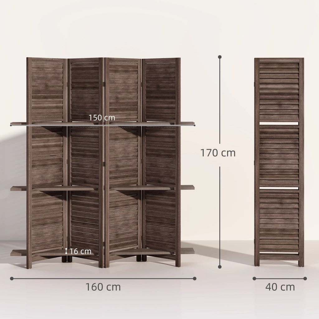 Paravento divisorio pieghevole ¨C Xylo ¨C legno noce 4 pannelli 160x170 cm con 3 ripiani