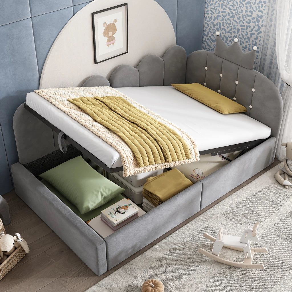 Letto divano 90 × 200 cm 1 posto con contenitore idraulico e schienale imbottito; senza materasso; grigio