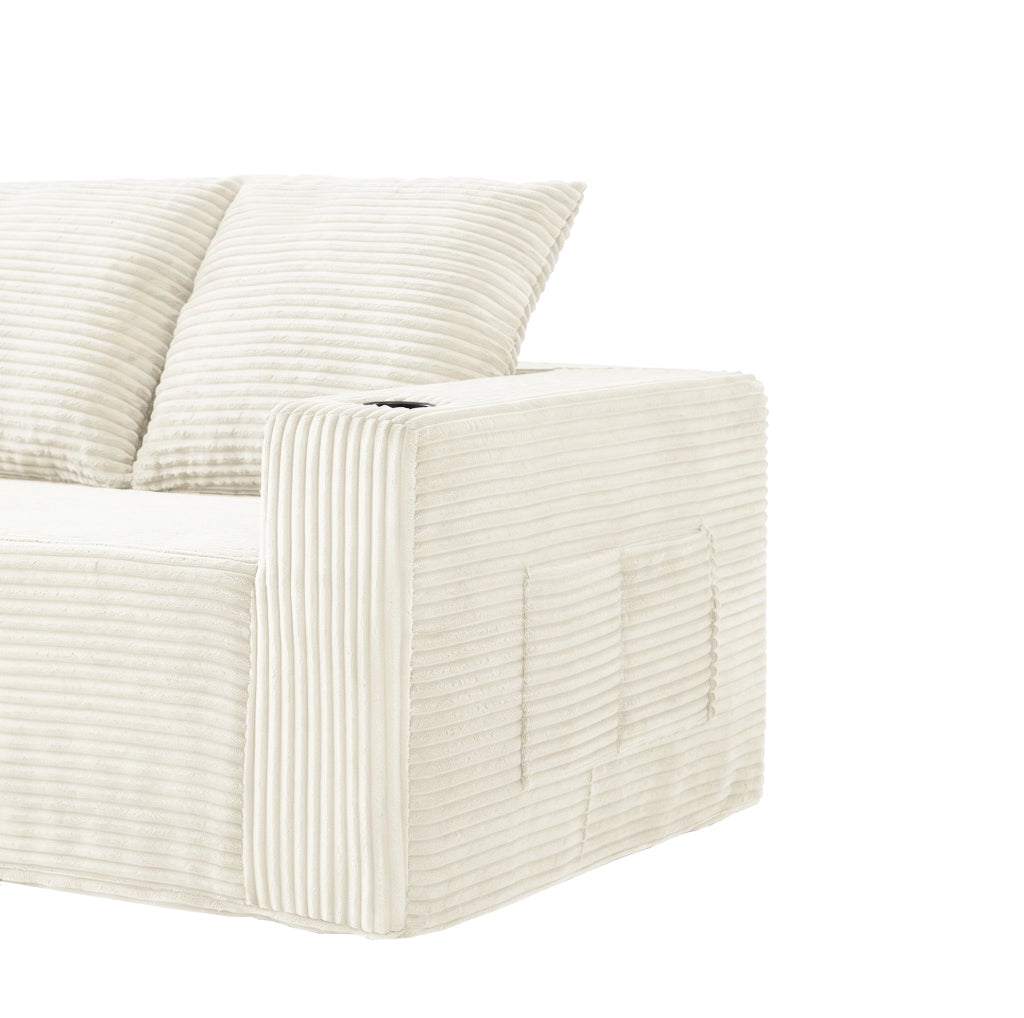 Divano modulare a L con chaise longue reversibile e portabicchieri in velluto a coste beige
