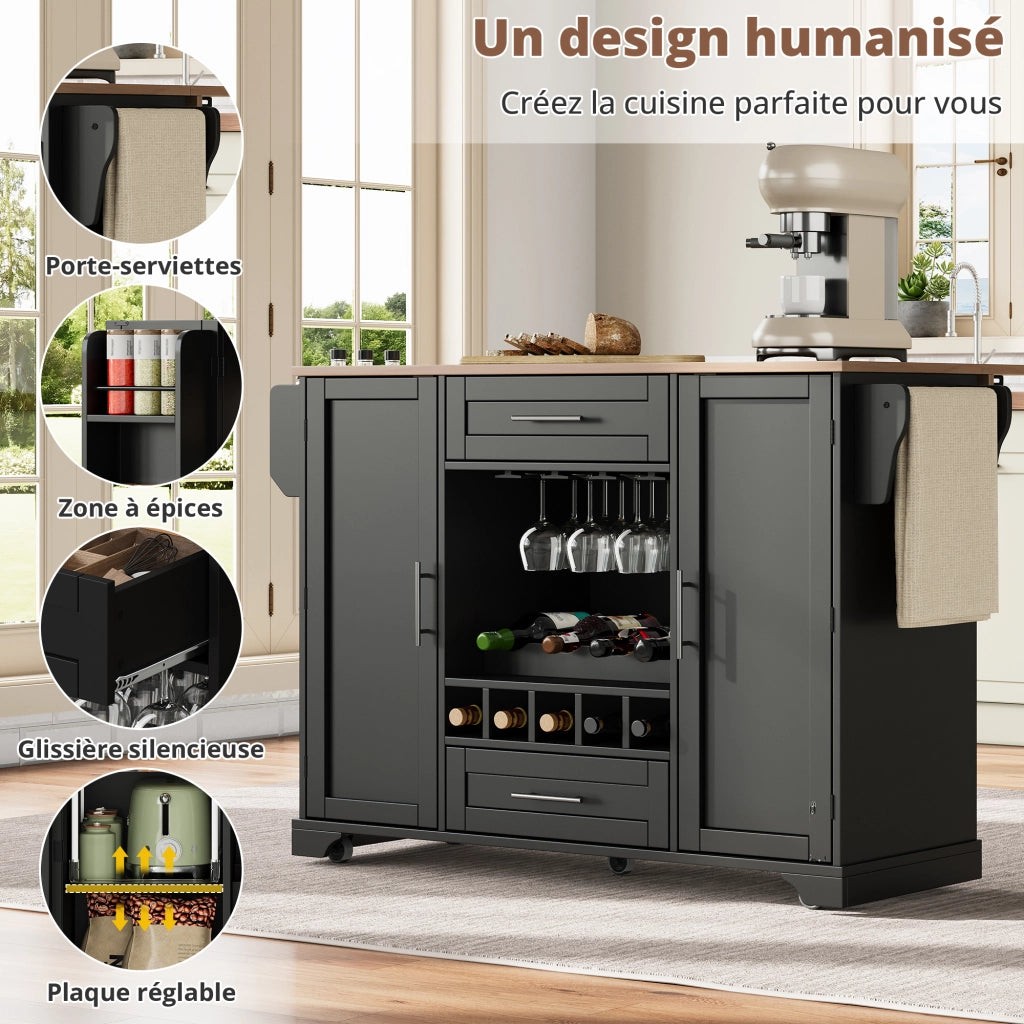 Carrello da cucina con piano pieghevole; 2 armadi; 2 cassetti; portabottiglie; portabicchieri e ruote
