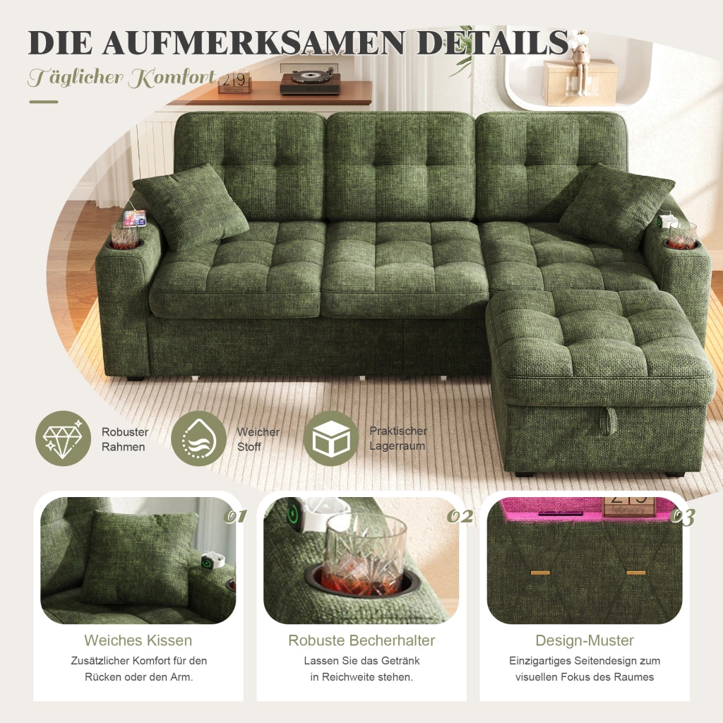 Divano multifunzionale 194;5x133x83 cm con USB-C; illuminazione LED; portabicchieri; portaoggetti e cassetti 2; pouf integrato; ciniglia; verde
