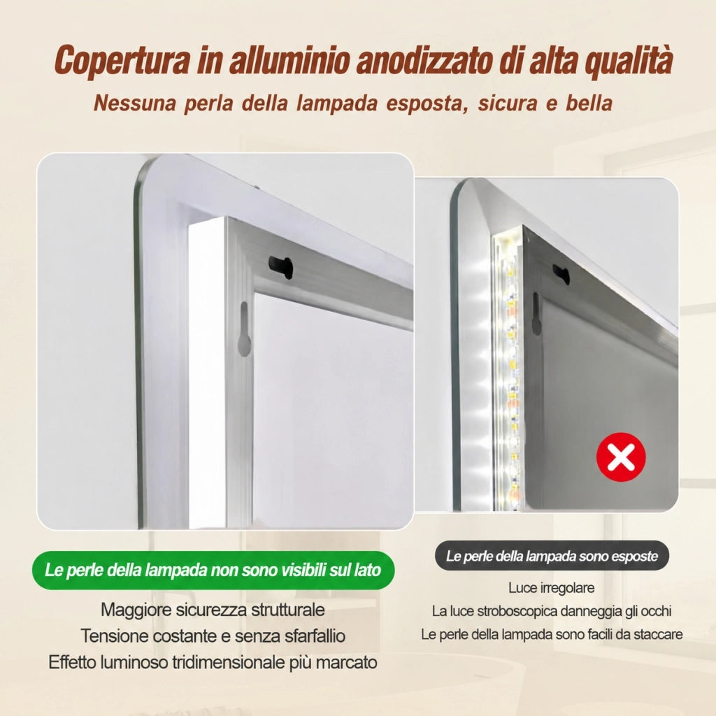 Specchio bagno led 60x100 specchio retroilluminato antiappannamento; luce dimmerabile 3 colori; vetro infrangibile; argento