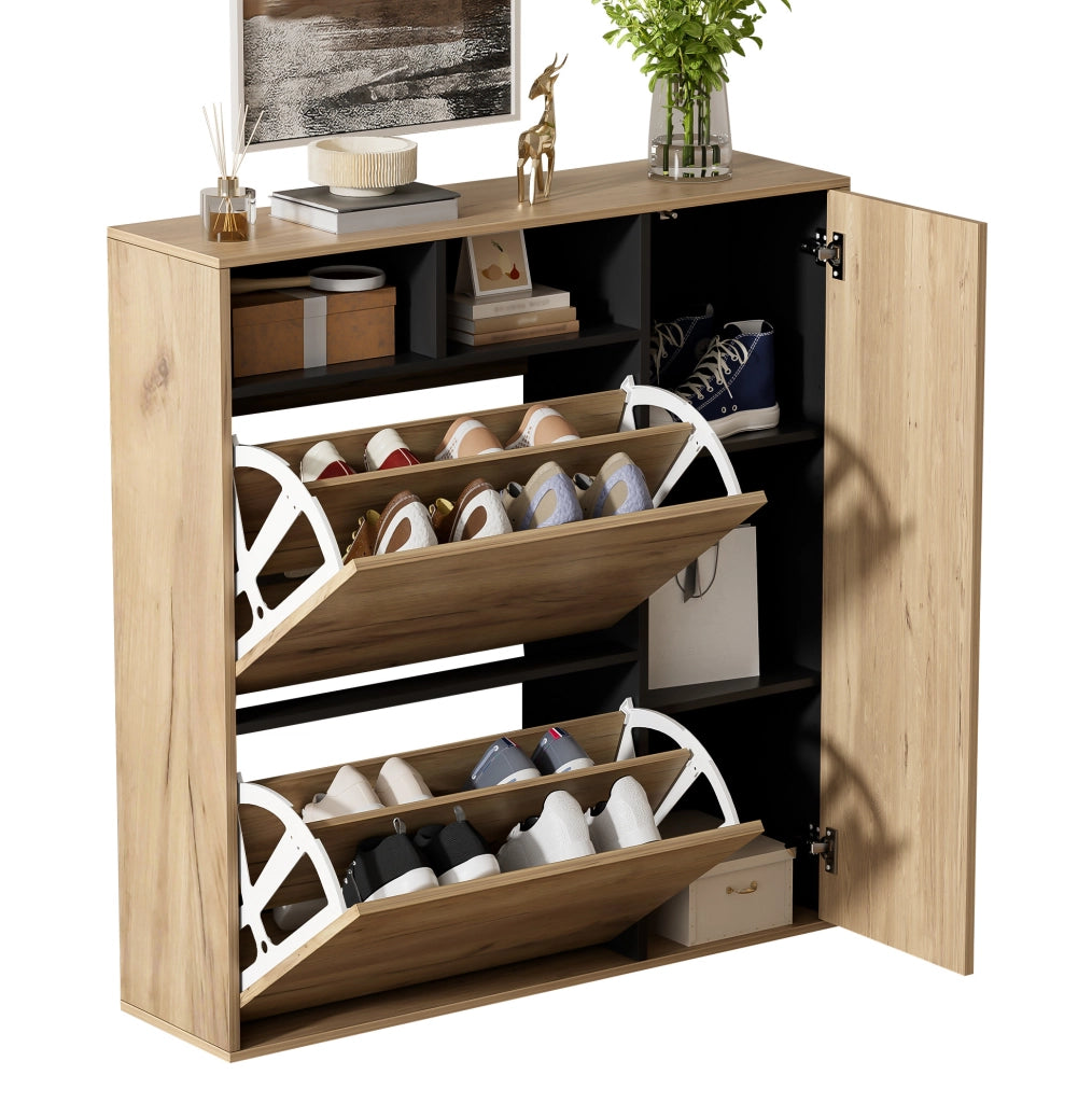 Scarpiera sottile con 2 ribalte e 1 anta, ripiani regolabili, design salvaspazio in legno e nero, 90x24x94 cm