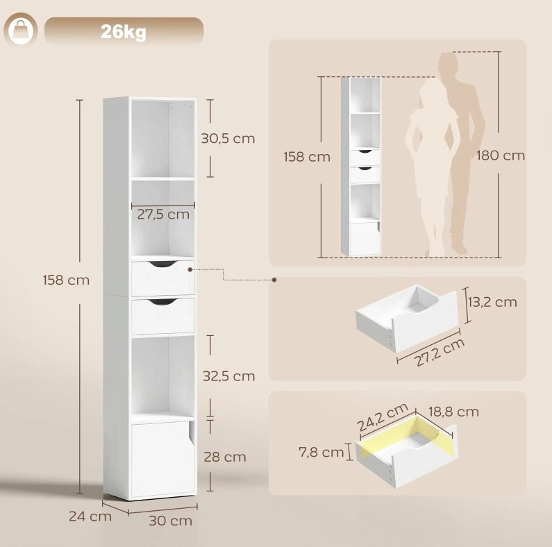 Libreria stretta bianca con 2 cassetti e 3 ripiani aperti, 30x24x158 cm, per ufficio e camera da letto