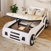 Letto per bambini a forma di auto 90x200 cm con rete a doghe e vano contenitore idraulico; MDF e PU bianco