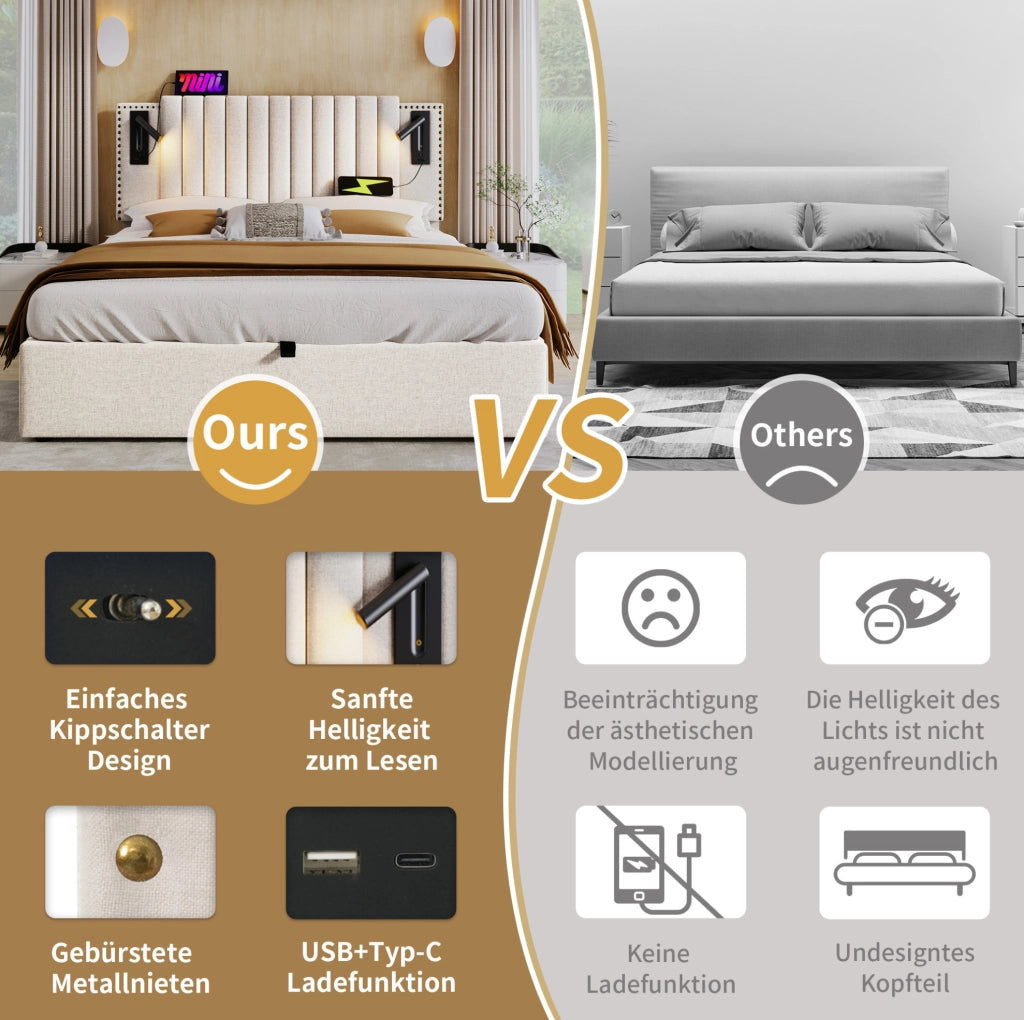 Letto contenitore 140 × 200 cm con luce da lettura e 2 USB + 2 Type-C; cotone beige