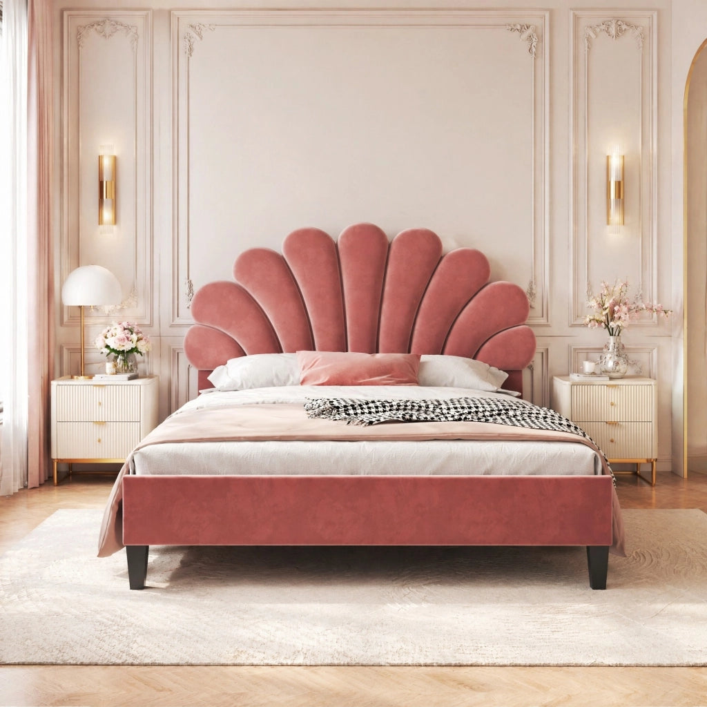 Letto matrimoniale imbottito 140 x 200 cm con testiera floreale; tessuto effetto velluto rosso fagiolo