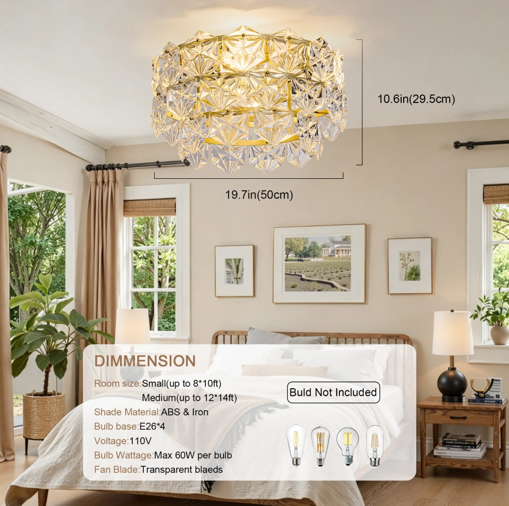 Ventilatore da soffitto con luce e cristalli; 52 cm; oro satinato in metallo e vetro