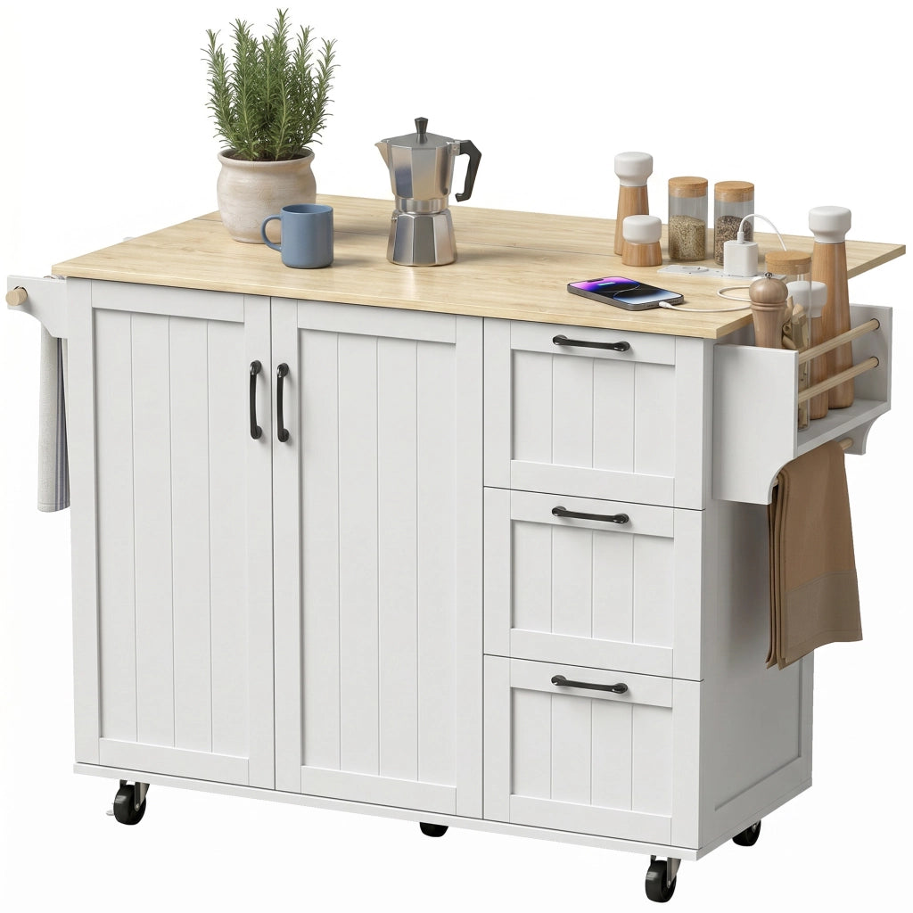 Îlot Central Cuisine avec Plateau Rabattable 2 Prises et 2 Ports USB Desserte de Cuisine sur Roulettes 3 Tiroirs Blanc