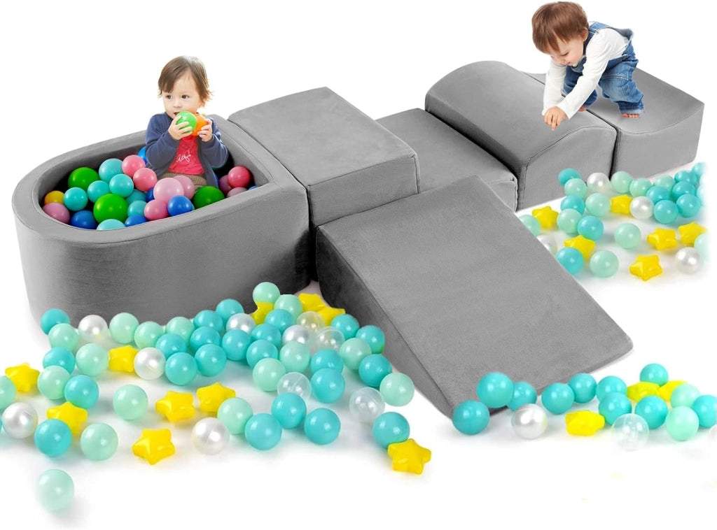 Set di 5 Pezzi Gioco in Schiuma, Blocchi con Piscina di Palline per Bambini, Coperture Lavabili con Cerniere, Blocchi Creativi per Stanza di Giocattoli, Camera da Letto (Grigio)