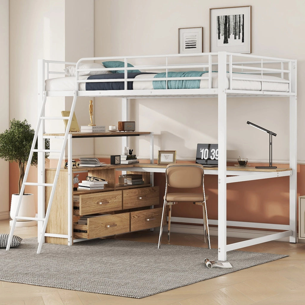 Letto a soppalco bianco 140x200 cm in metallo e MDF con scrivania a L e cassetti