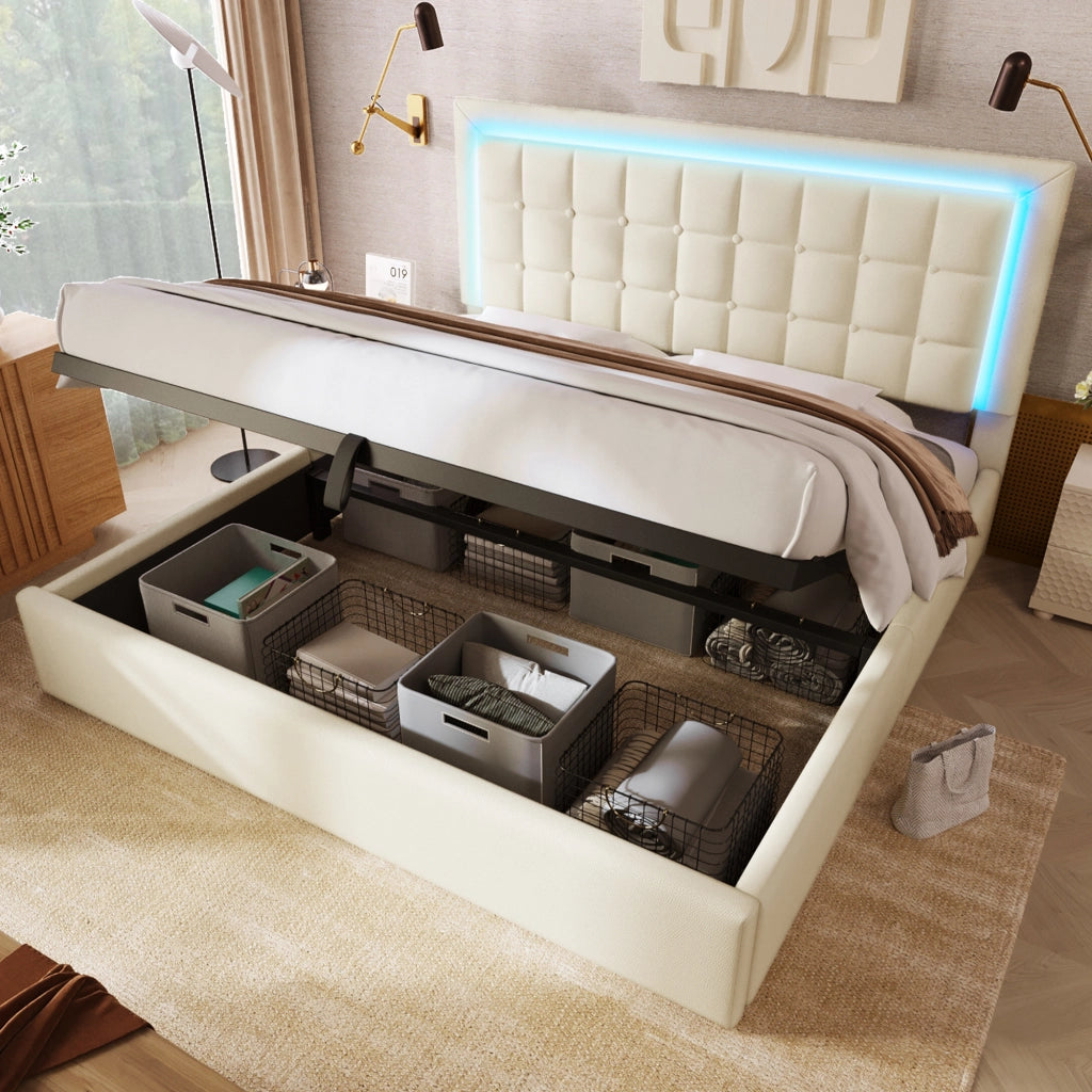 Letto Matrimoniale 180x200 con Contenitore e LED; in Ecopelle PU; Bianco