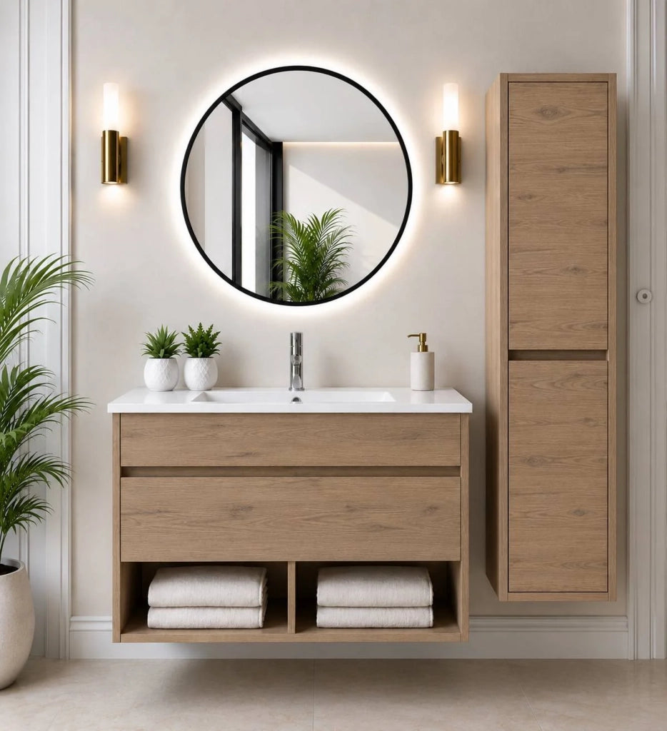 Mobile bagno sospeso con lavabo ORIGENBATH NEBARI con cassetto con colonna 70x40 cm estepa con colonna