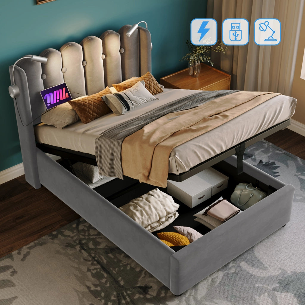 Letto singolo contenitore 90 × 200 cm in velluto grigio con luce da lettura USB rete a doghe e testiera