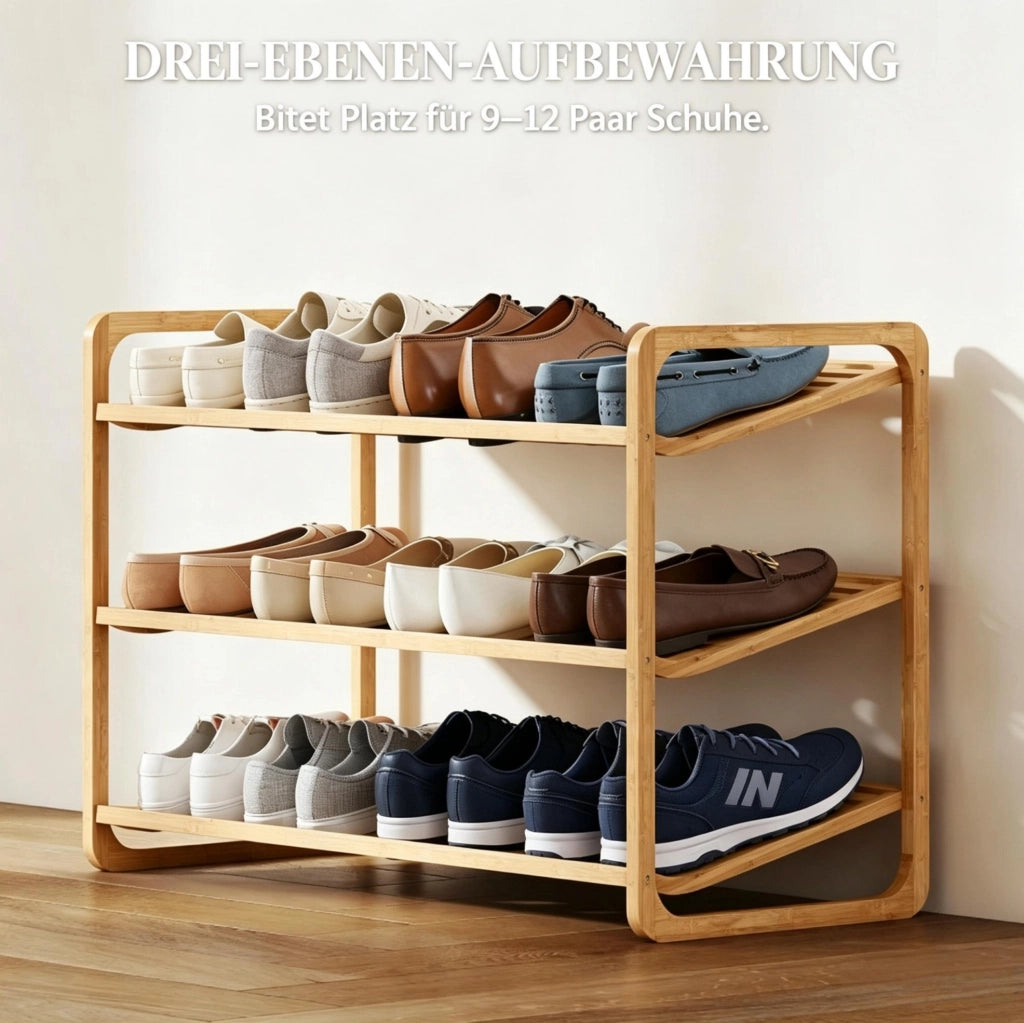 Scaffale per scarpe in bambù a 3 livelli, capacità fino a 12 paia, salvaspazio per ingresso 76x33x50,8 cm
