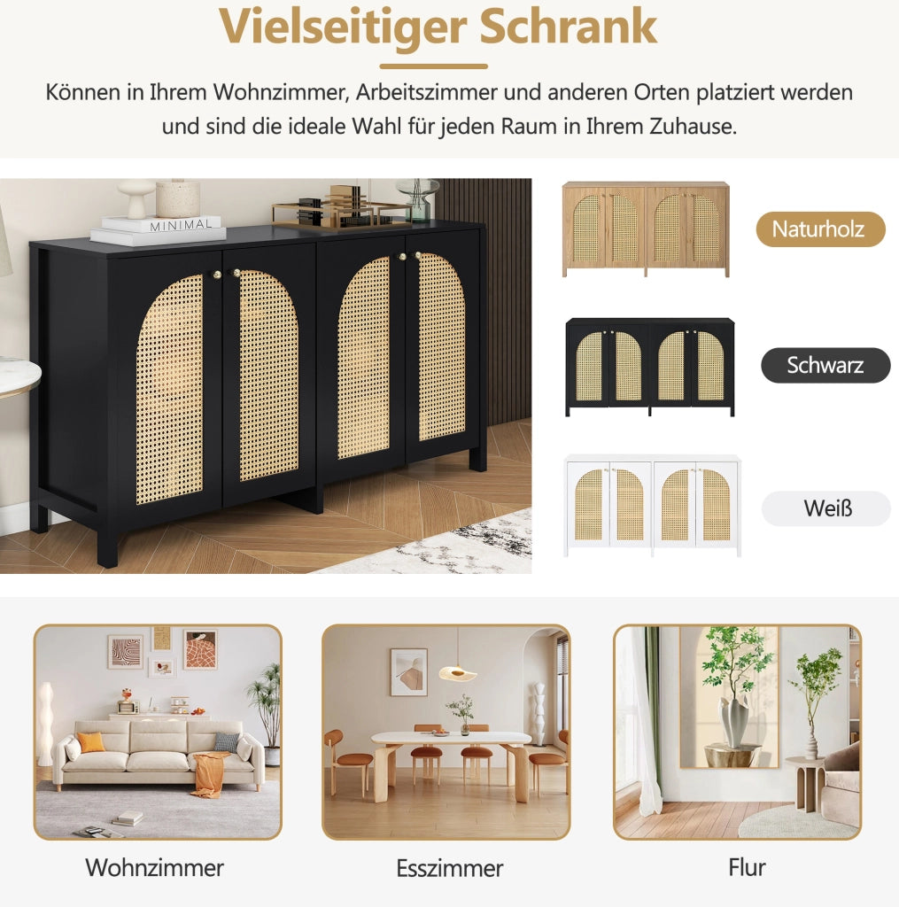 Credenza a 4 ante in rattan sintetico con ripiani regolabili; MDF e metallo; nera