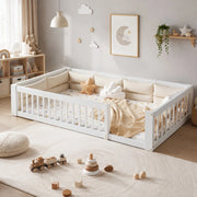 Desviae Letto basso 90 × 200 cm 1 posto con sponde di sicurezza e cuscini, senza materasso, legno massello e MDF, bianco