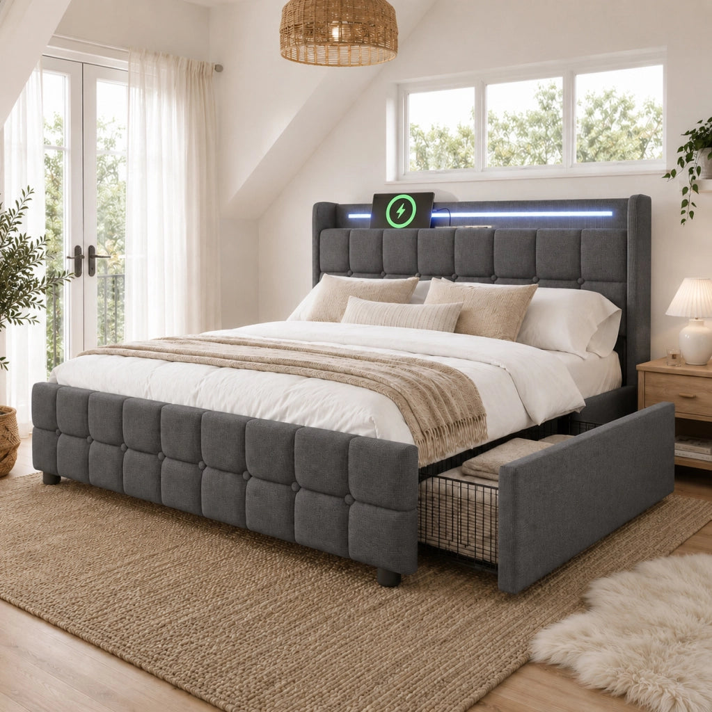 Letto matrimoniale 160x200 cm con 4 cassetti; LED e prese USB; grigio
