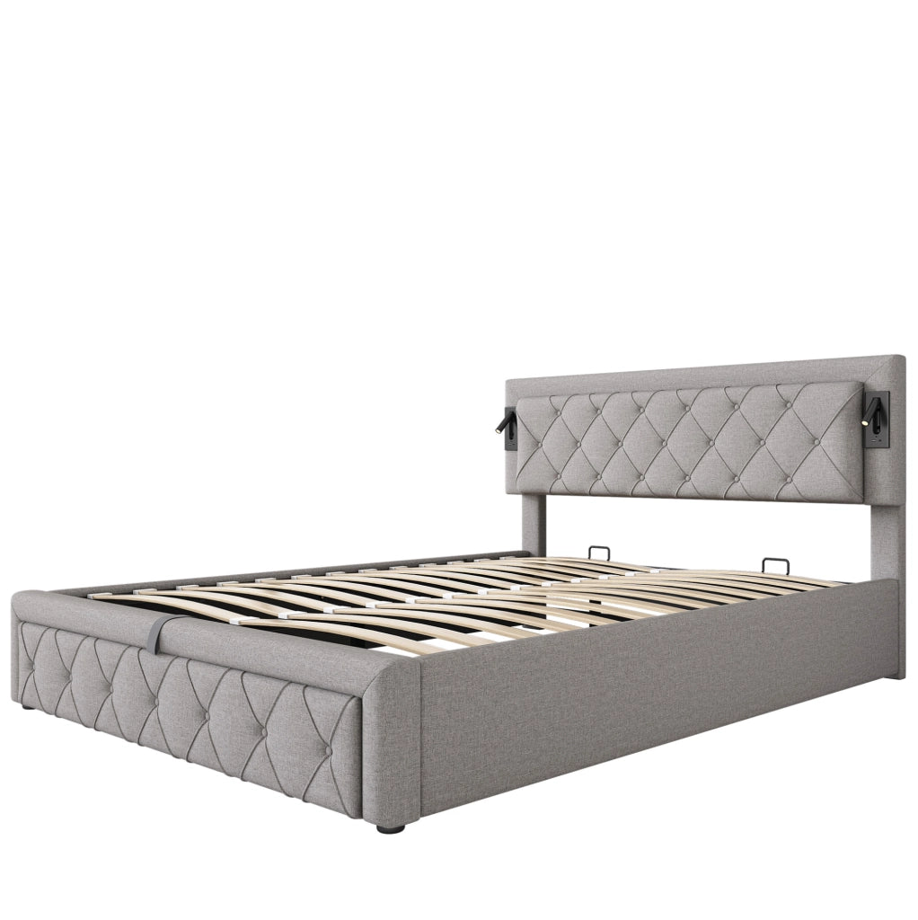 Letto imbottito con contenitore, LED e USB, grigio