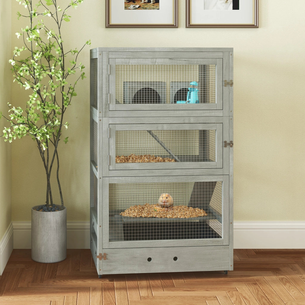 Gabbia per Criceti in Legno con Accessori ¨C Zephmum ¨C Grigio 65x45x109 cm