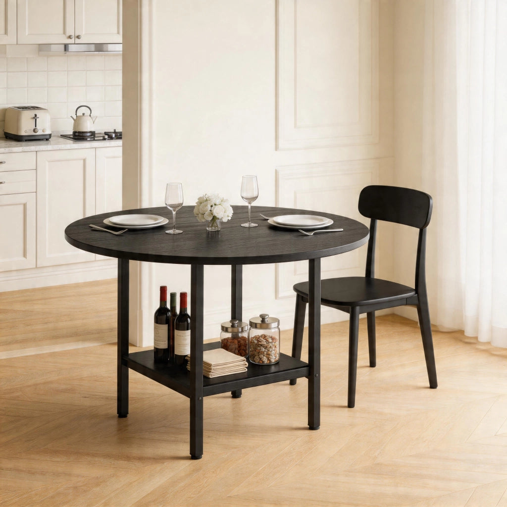Tavolo rotondo da pranzo con ripiano portaoggetti 100 cm nero in MDF e metallo per 4-6 persone