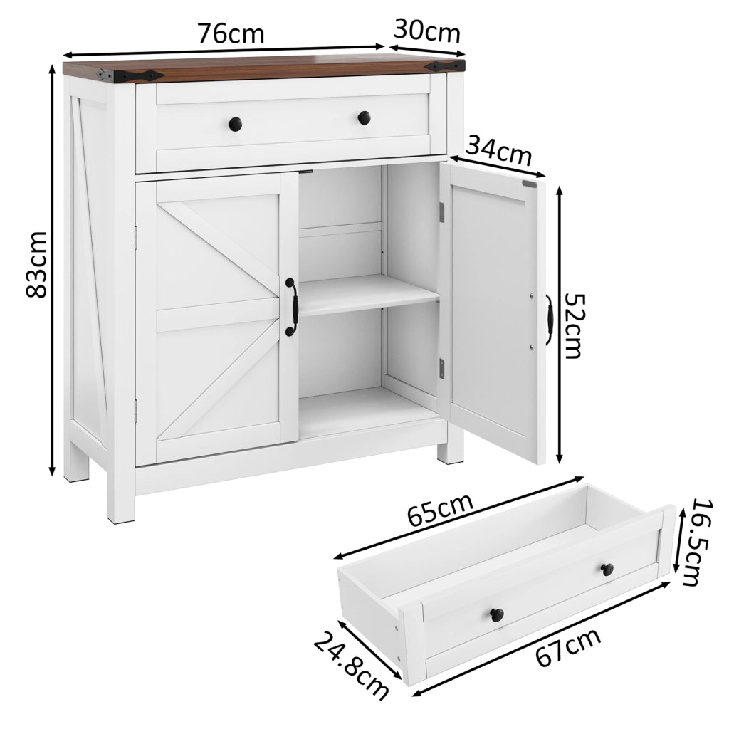 Credenza da cucina con cassetto, 2 ante e ripiano regolabile, per cucina e ingresso, MDF bianco, 76 × 30 × 83 cm