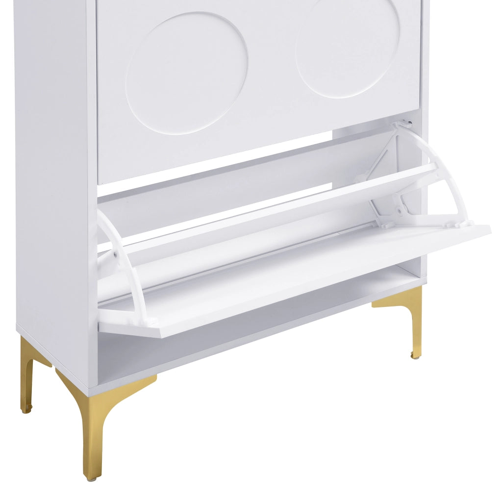 Scarpiera verticale salvaspazio a tre livelli in MDF bianco con gambe in metallo dorato, per ingresso 63 × 24 × 120 cm