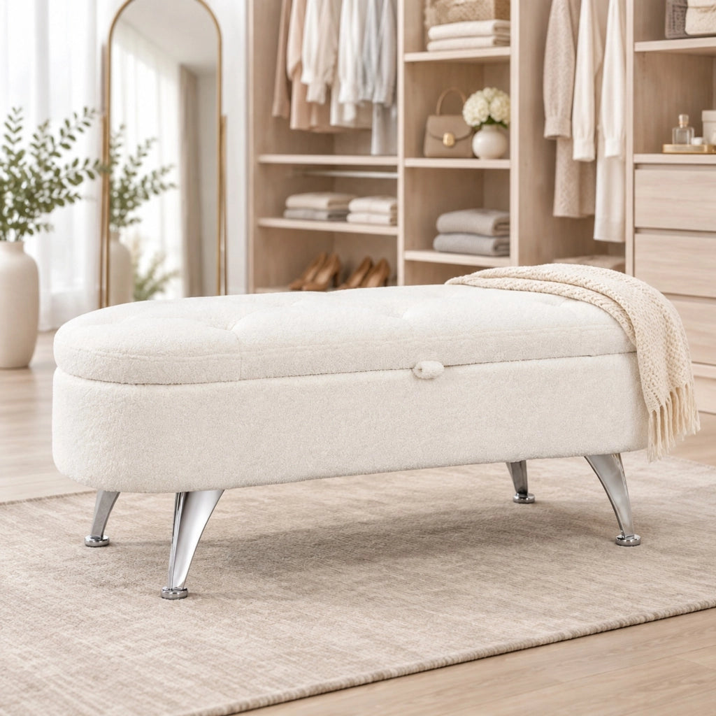 Panca contenitore 114x47x46,5 cm in poliestere bianco con gambe in metallo