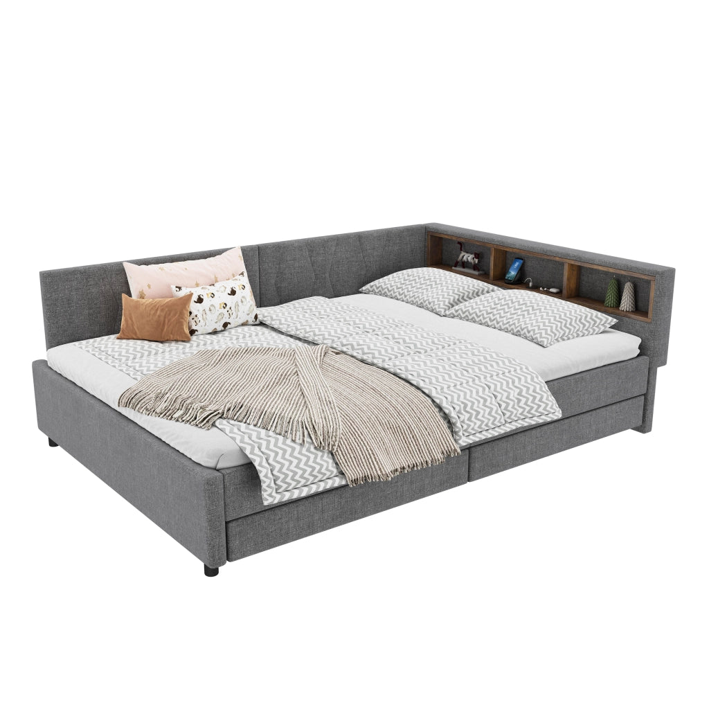 Letto estraibile 140x200 cm con rete a doghe; USB e porta tipo C; LED e vani portaoggetti; lino e MDF; grigio