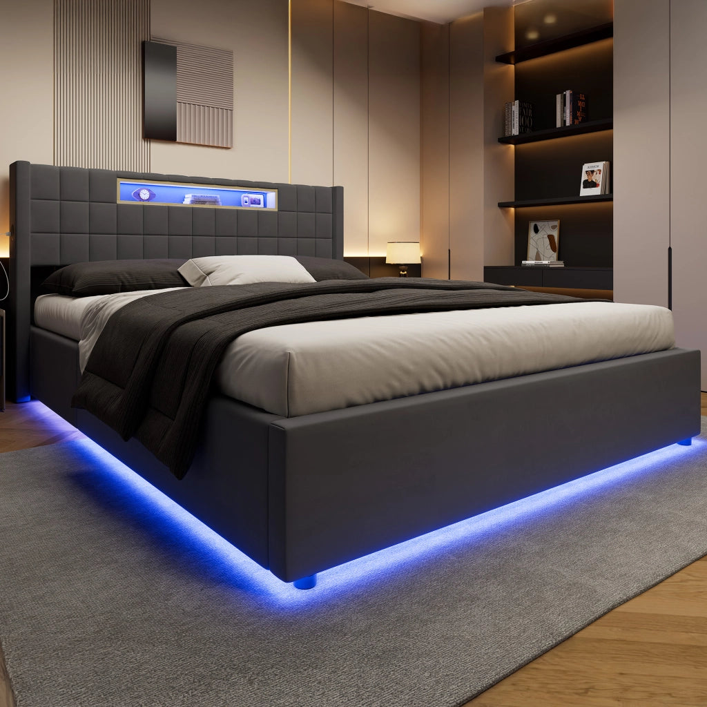Letto matrimoniale imbottito con LED e vano contenitore 160 x 200 cm