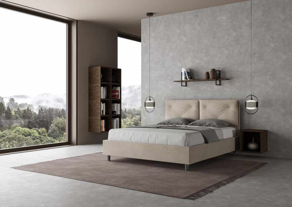 BS COM Letto matrimoniale con rete imbottito 160x190 microfibra sabbia