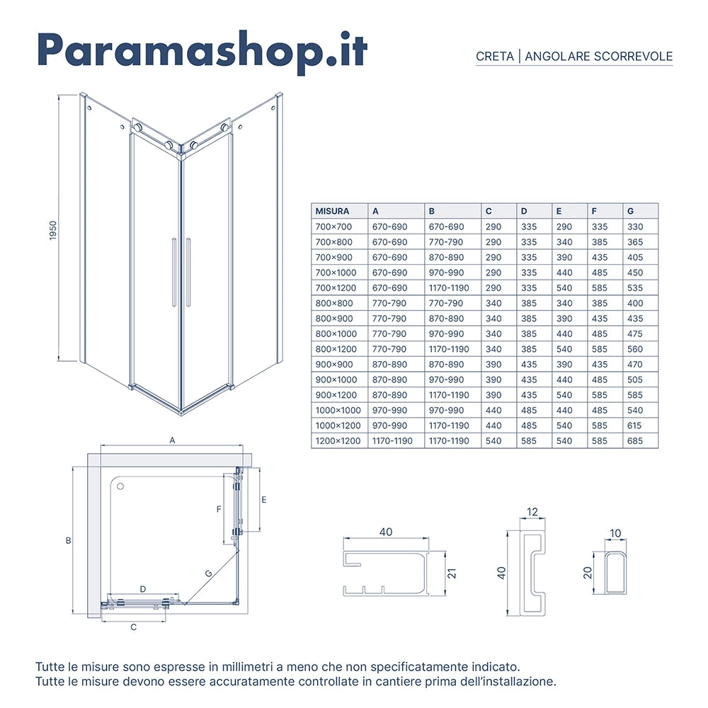Box doccia angolare 70x100cm due ante scorrevoli  vetro 8mm trasparente profili nero opaco h195 | Creta