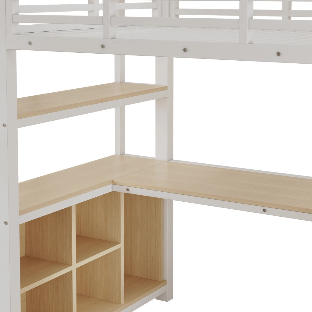 Letto a soppalco 90x200 cm per bambini con scrivania; appendiabiti e ripiani; metallo e MDF bianco