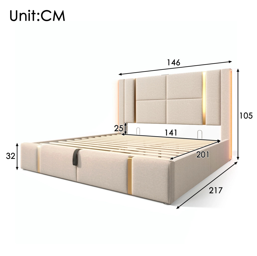 Letto imbottito 140x200 con USB, Type-C, LED RGB e contenitore