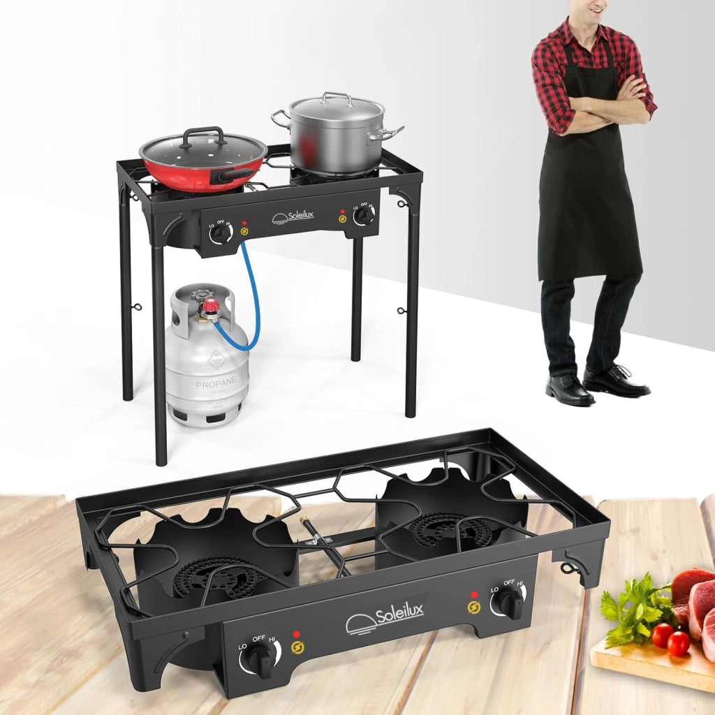 Fornellone Fornello 2 Fuochi 75x38cm 3 IN 1 Rialzato Da Esterno Gpl Con Accensione Piezo H 81cm - NERO