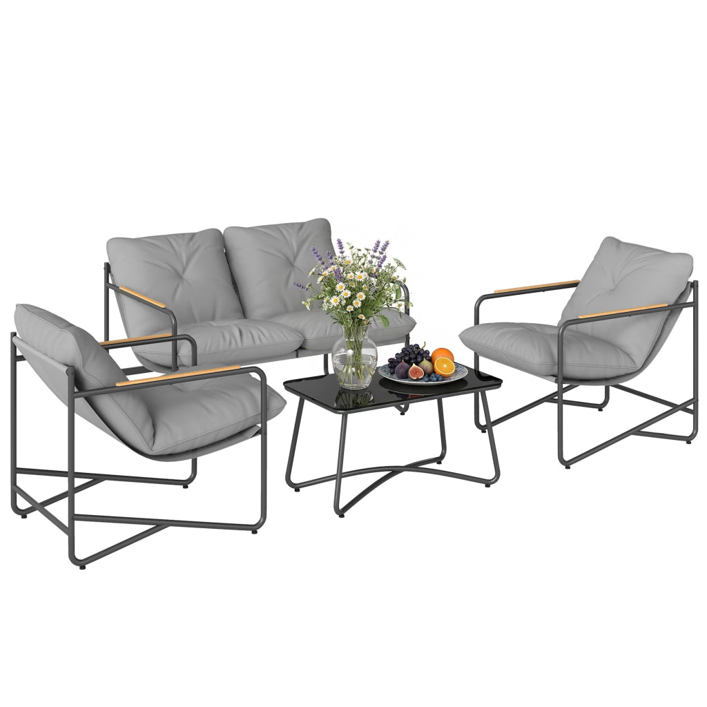 Set Salotto da Giardino 4 Pezzi con Divano 2 Posti, 2 Poltrone, Tavolino Vetro Temperato, Cuscini 13cm Grigio Chiaro, Robusto
