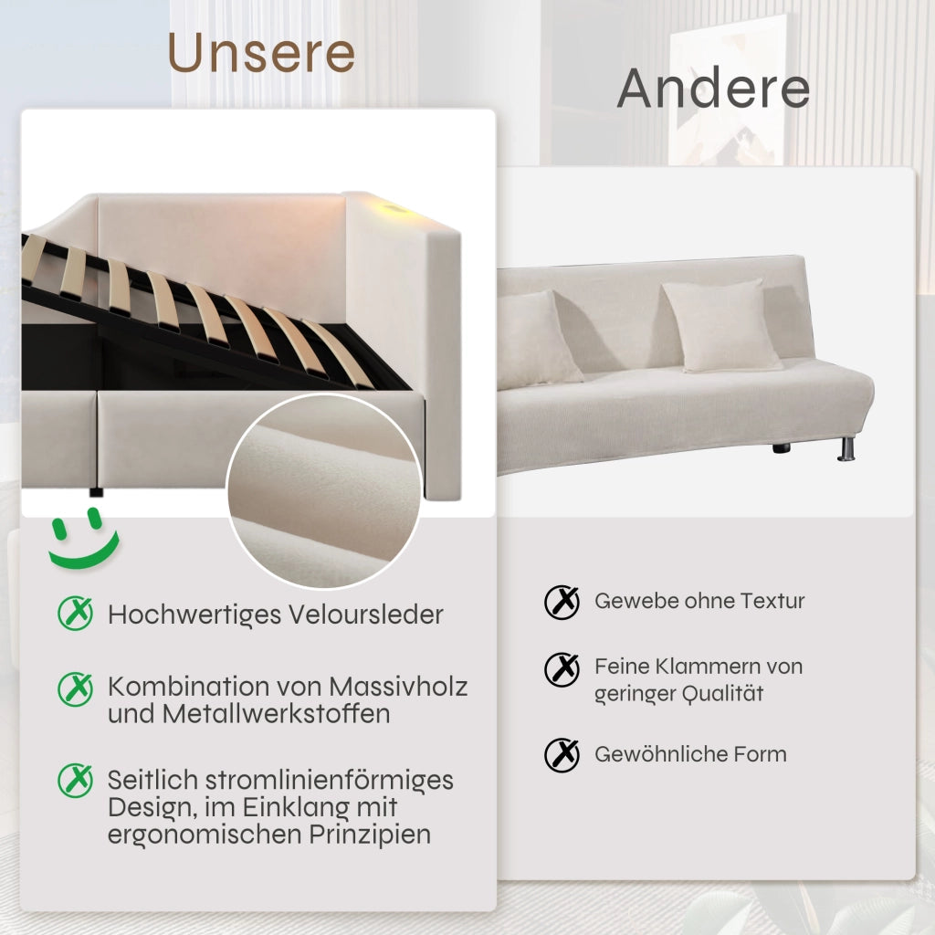 Letto singolo daybed 90 ¡Á 190 cm contenitore in velluto beige con luce da lettura e ricarica USB-C