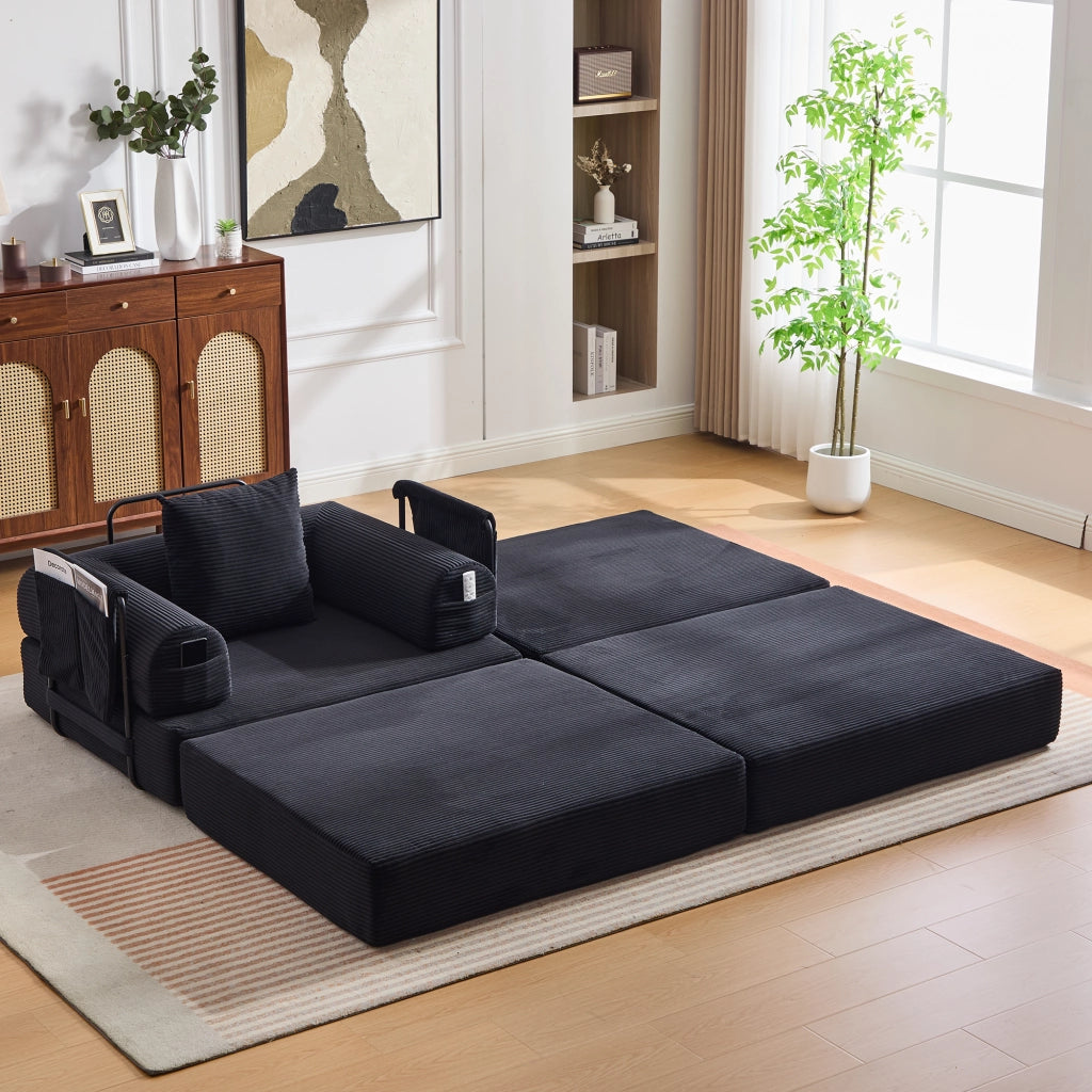 Poltrona modulare con pouf - con tasca laterale e cuscino - in ciniglia nera