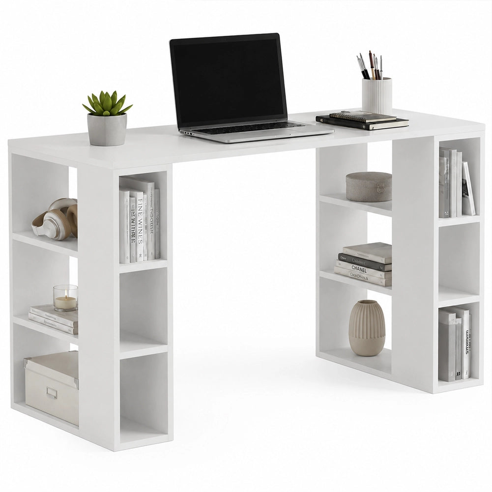 Scrivania Tavolo 6 Scomparti Laterali Legno Bianco 60 x 140 x 75Hcm Ufficio Casa