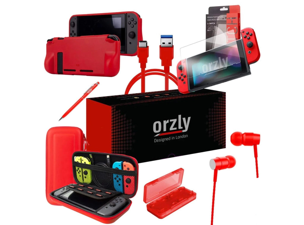 Borsa Trasporto Accessori per Nintendo Switch Case 2 Vetri Temperati Grip Case Porta Cavo USB Cartucce Cuffie Penna Essential Pack Colore ROSSO