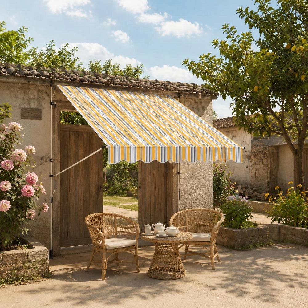 Retractable Awning, Manually Operated, 200 Cm, Yellow/blue Striped