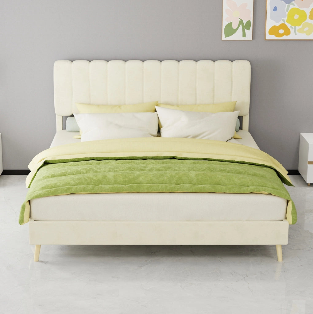 Letto imbottito moderno 160x200 cm beige con testiera morbida e base bassa senza contenitore, materasso incluso