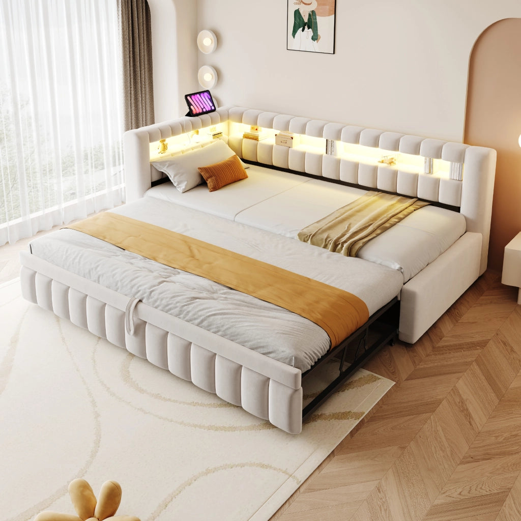 Letto singolo estraibile imbottito 90 × 200 cm con LED USB e tipo C in velluto beige con ripiani e schienale a righe