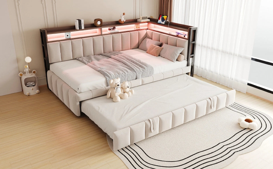 Divano letto ULEVR 90x200 cm con letto estraibile, LED, USB e Type-C, vani portaoggetti, velluto beige