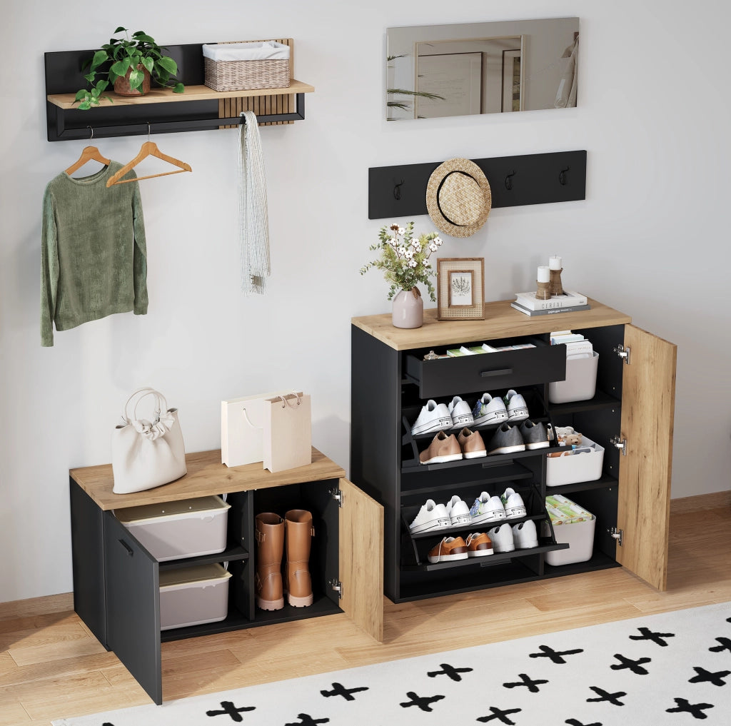 Set ingresso 5 pezzi, 85 x 36 x 85 cm e 80 x 36 x 48 cm, nero e legno