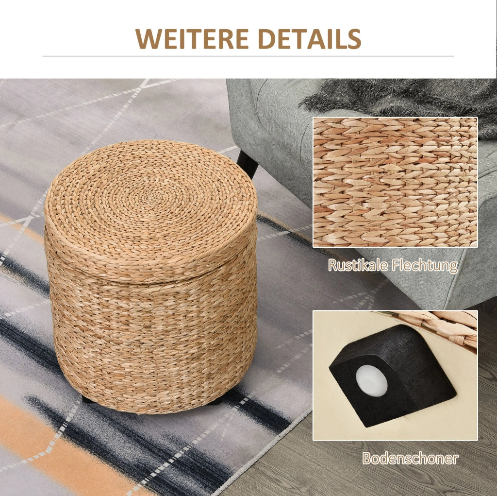Pouf contenitore in rattan naturale color kaki con coperchio rimovibile Ø43x43 cm