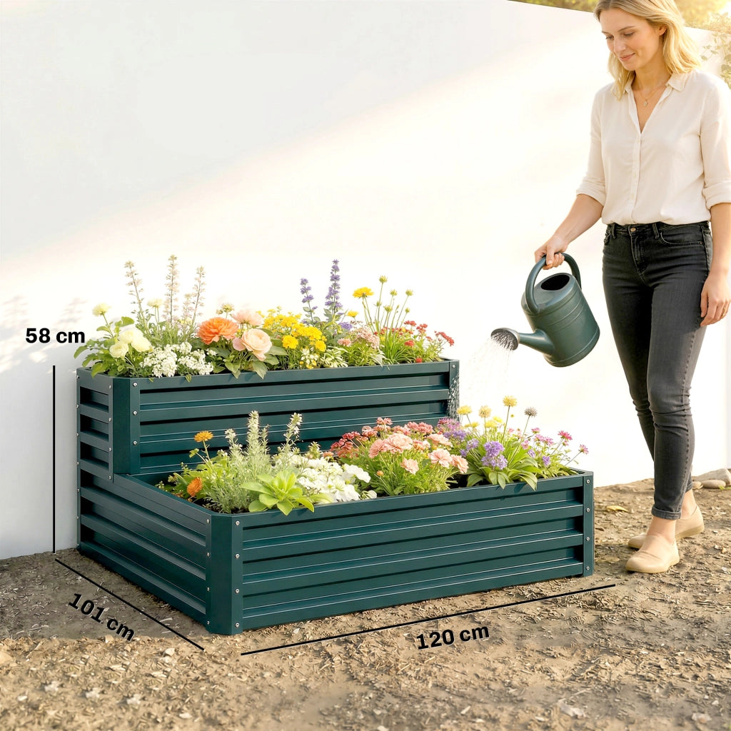 Aiuola rialzata da giardino per orto e fiori, a 2 livelli in acciaio zincato verde, fondo aperto, robusto e resistente, 120 x 101 x 58 cm