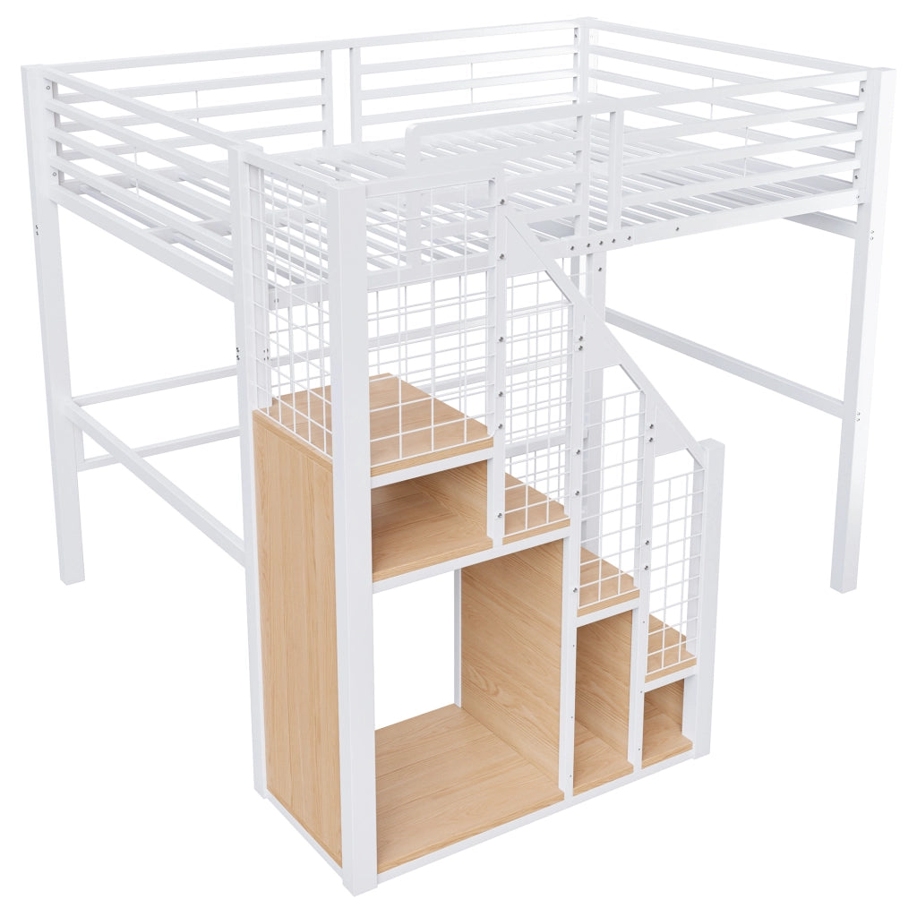 Letto a soppalco 140 × 200 cm con armadio integrato e scala in metallo e MDF
