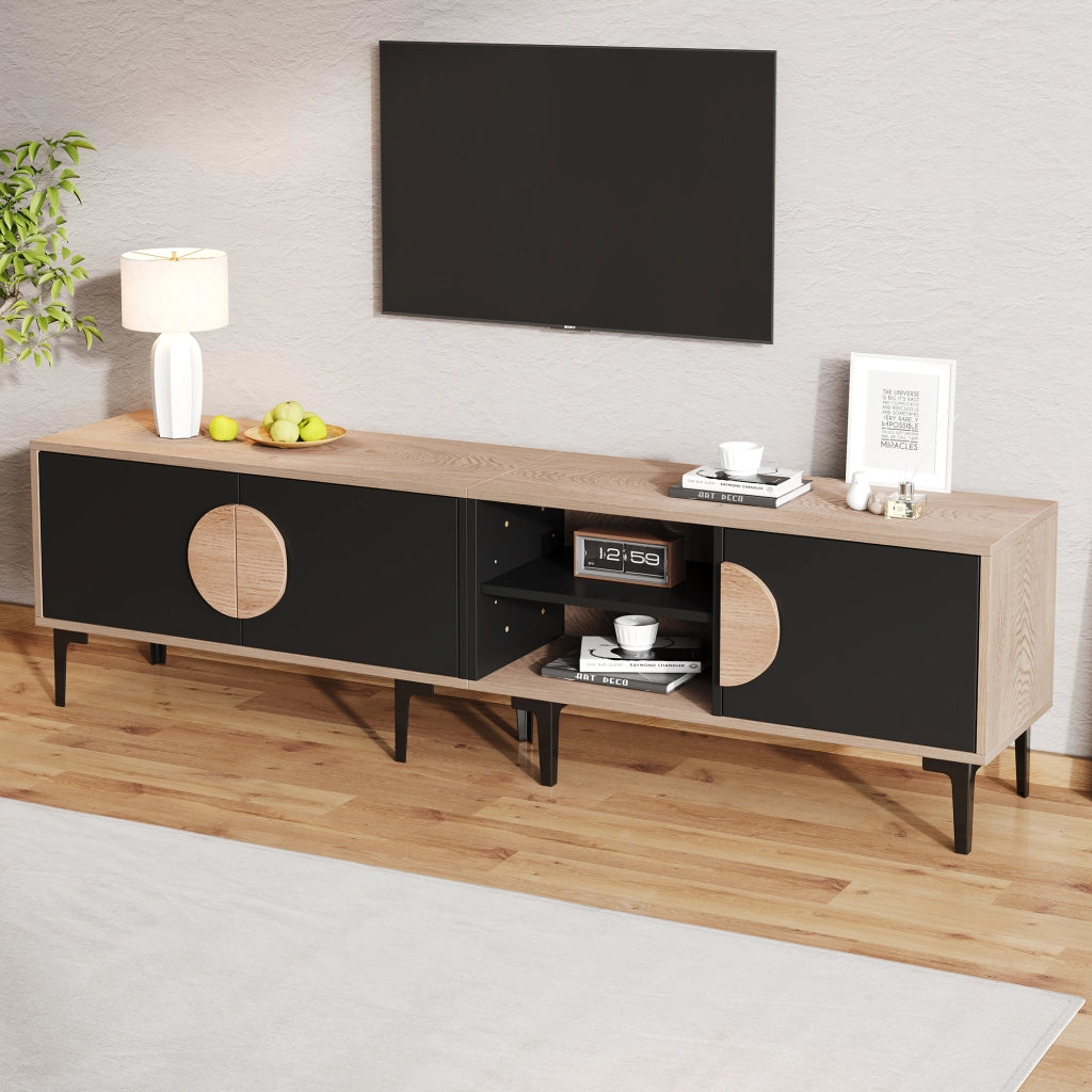 Mobile TV 180x35x49 cm con 3 ante e vani aperti; rovere e nero per TV fino a 80 pollici