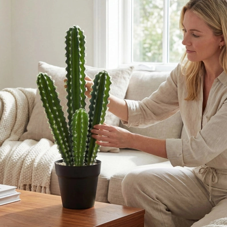 Pianta artificiale cactus ULEVR 53 cm in plastica verde con vaso decorativo per casa e ufficio